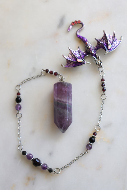 Purple Fluorite Pendulum – Dragon Dowsing Tool with Amethyst, Garnet &amp; Obsidian