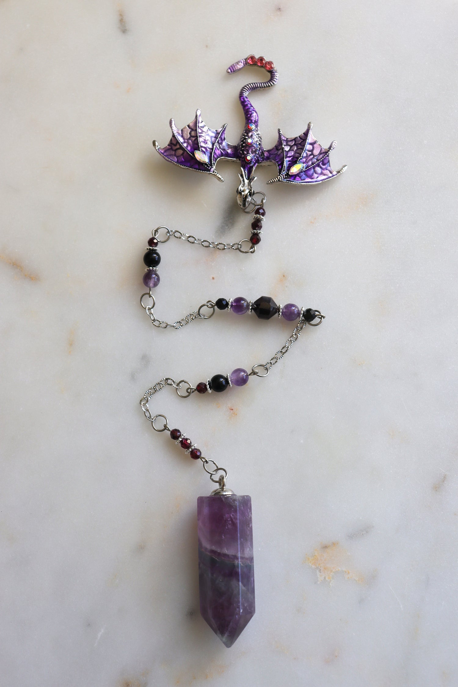 Purple Fluorite Pendulum – Dragon Dowsing Tool with Amethyst, Garnet &amp; Obsidian