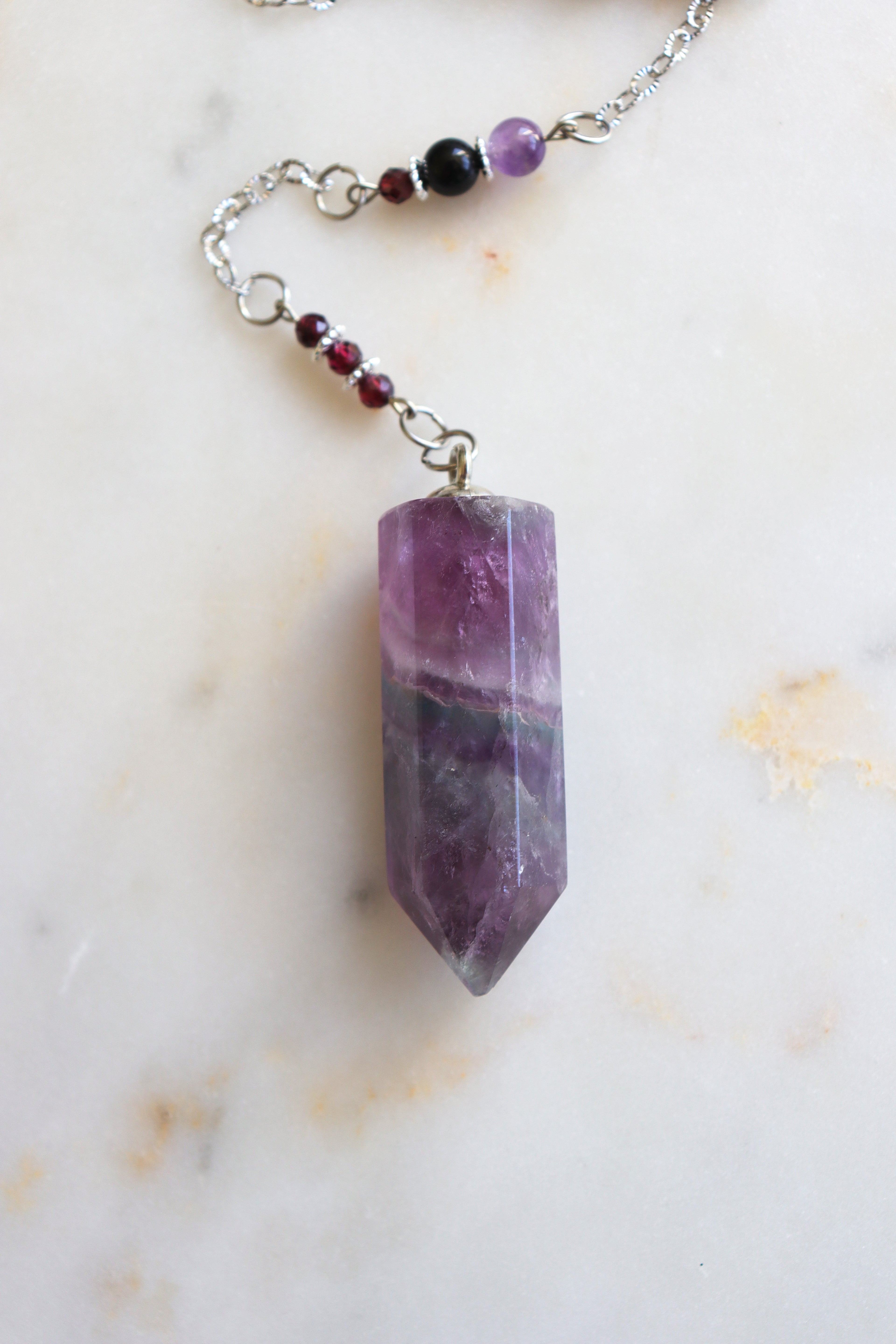 Purple Fluorite Pendulum – Dragon Dowsing Tool with Amethyst, Garnet &amp; Obsidian