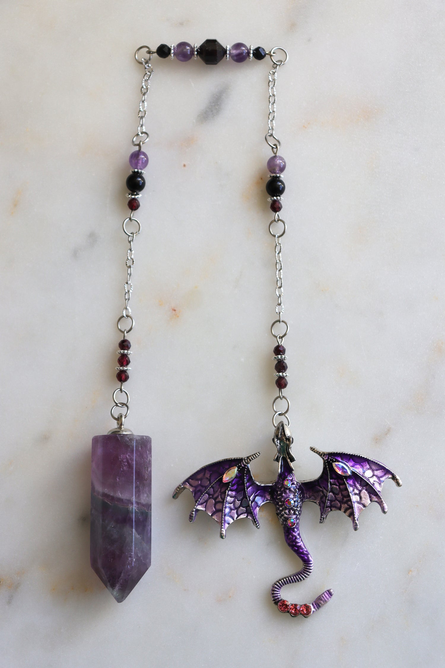 Purple Fluorite Pendulum – Dragon Dowsing Tool with Amethyst, Garnet &amp; Obsidian