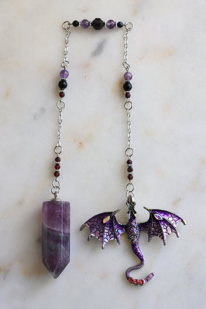 Purple Fluorite Pendulum – Dragon Dowsing Tool with Amethyst, Garnet &amp; Obsidian