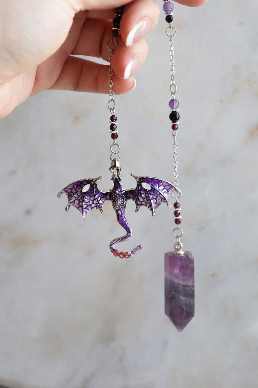 Purple Fluorite Pendulum – Dragon Dowsing Tool with Amethyst, Garnet &amp; Obsidian