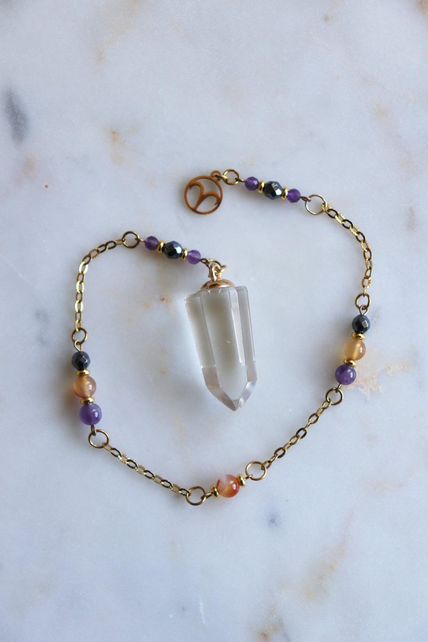 Aries Zodiac Pendulum, Clear Quartz Crystal Pendulum, Dowsing Tool, Amethyst Carnelian Hematite Aries Gift