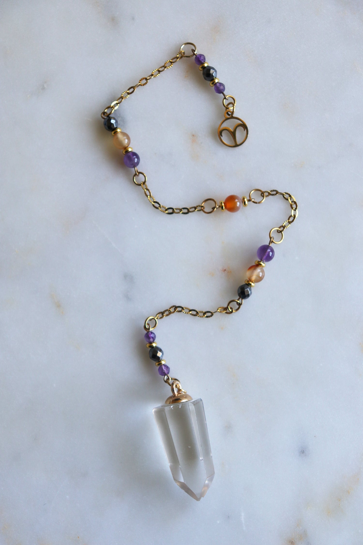 Aries Zodiac Pendulum, Clear Quartz Crystal Pendulum, Dowsing Tool, Amethyst Carnelian Hematite Aries Gift