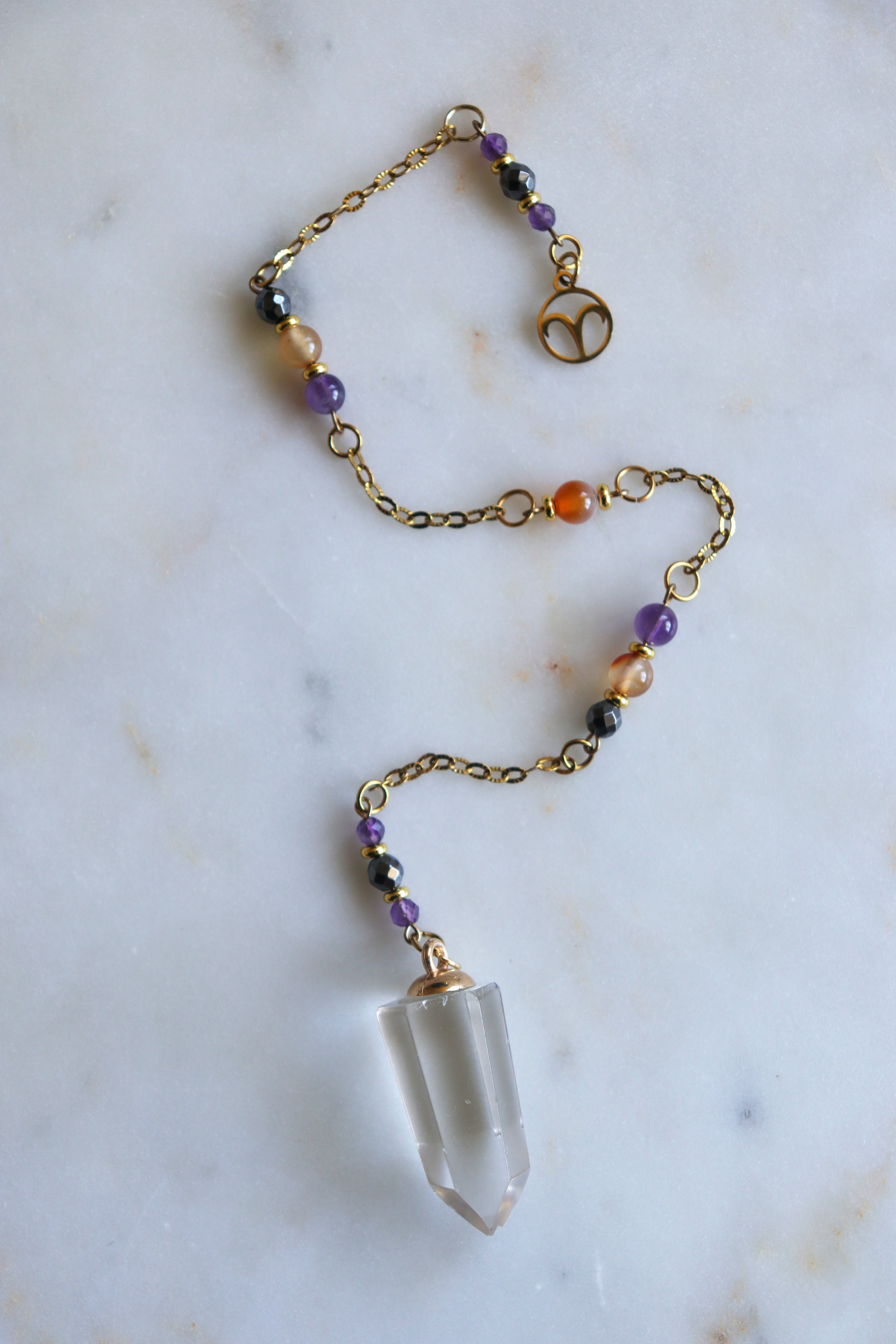 Aries Zodiac Pendulum, Clear Quartz Crystal Pendulum, Dowsing Tool, Amethyst Carnelian Hematite Aries Gift