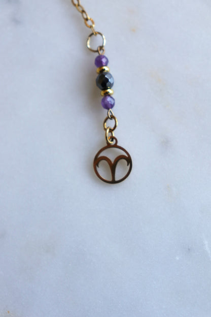 Aries Zodiac Pendulum, Clear Quartz Crystal Pendulum, Dowsing Tool, Amethyst Carnelian Hematite Aries Gift