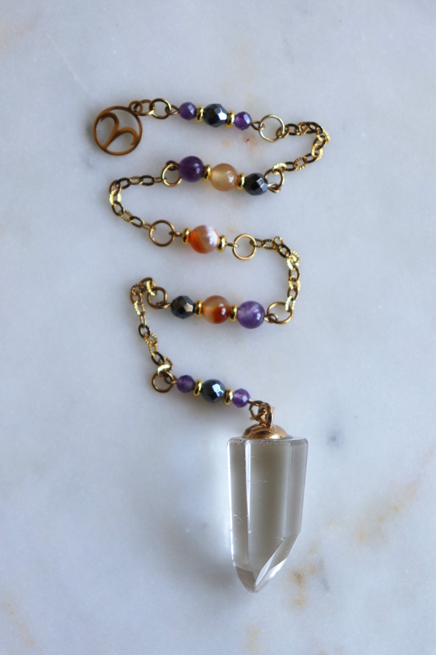 Aries Zodiac Pendulum, Clear Quartz Crystal Pendulum, Dowsing Tool, Amethyst Carnelian Hematite Aries Gift