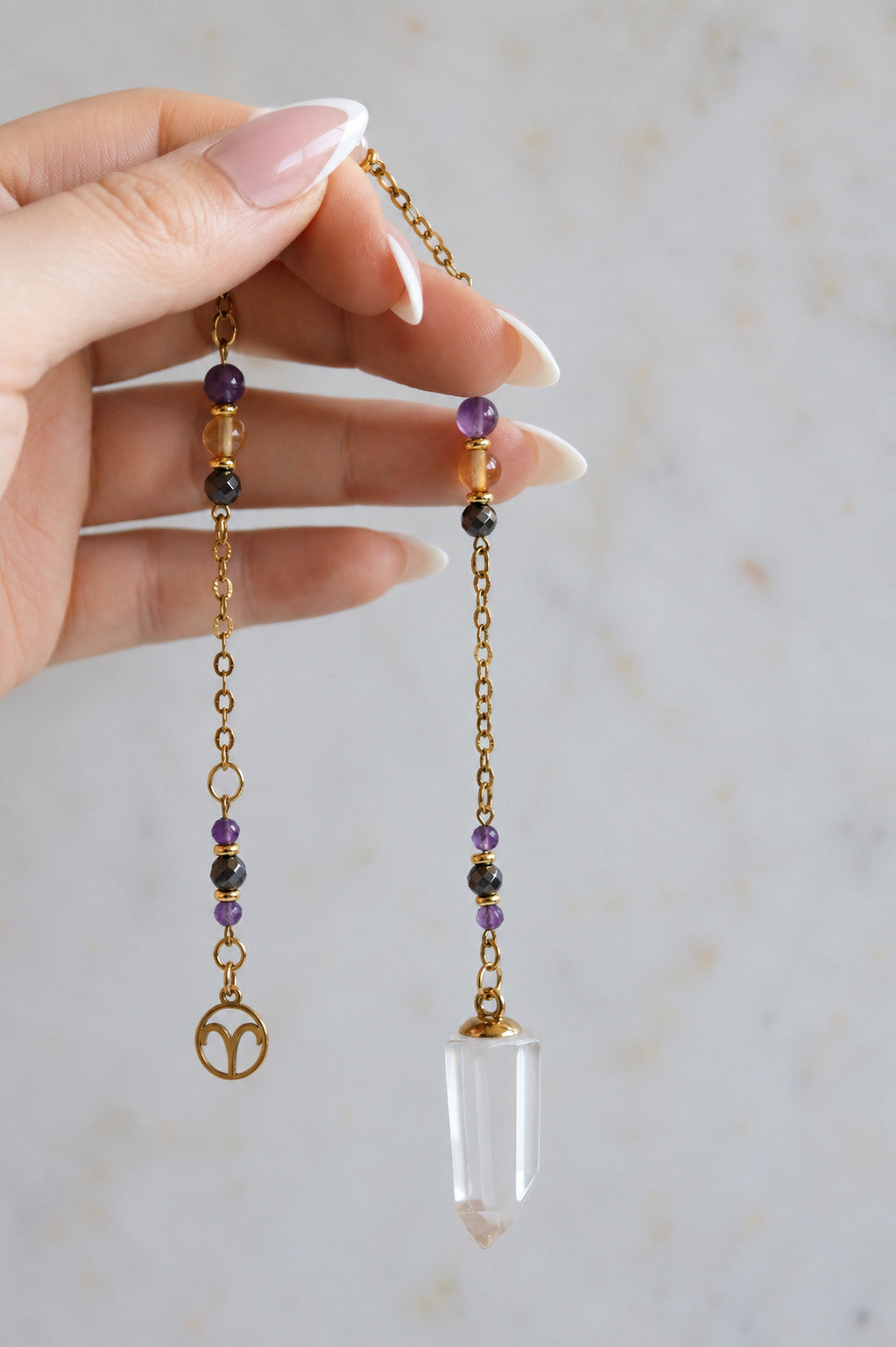 Aries Zodiac Pendulum, Clear Quartz Crystal Pendulum, Dowsing Tool, Amethyst Carnelian Hematite Aries Gift