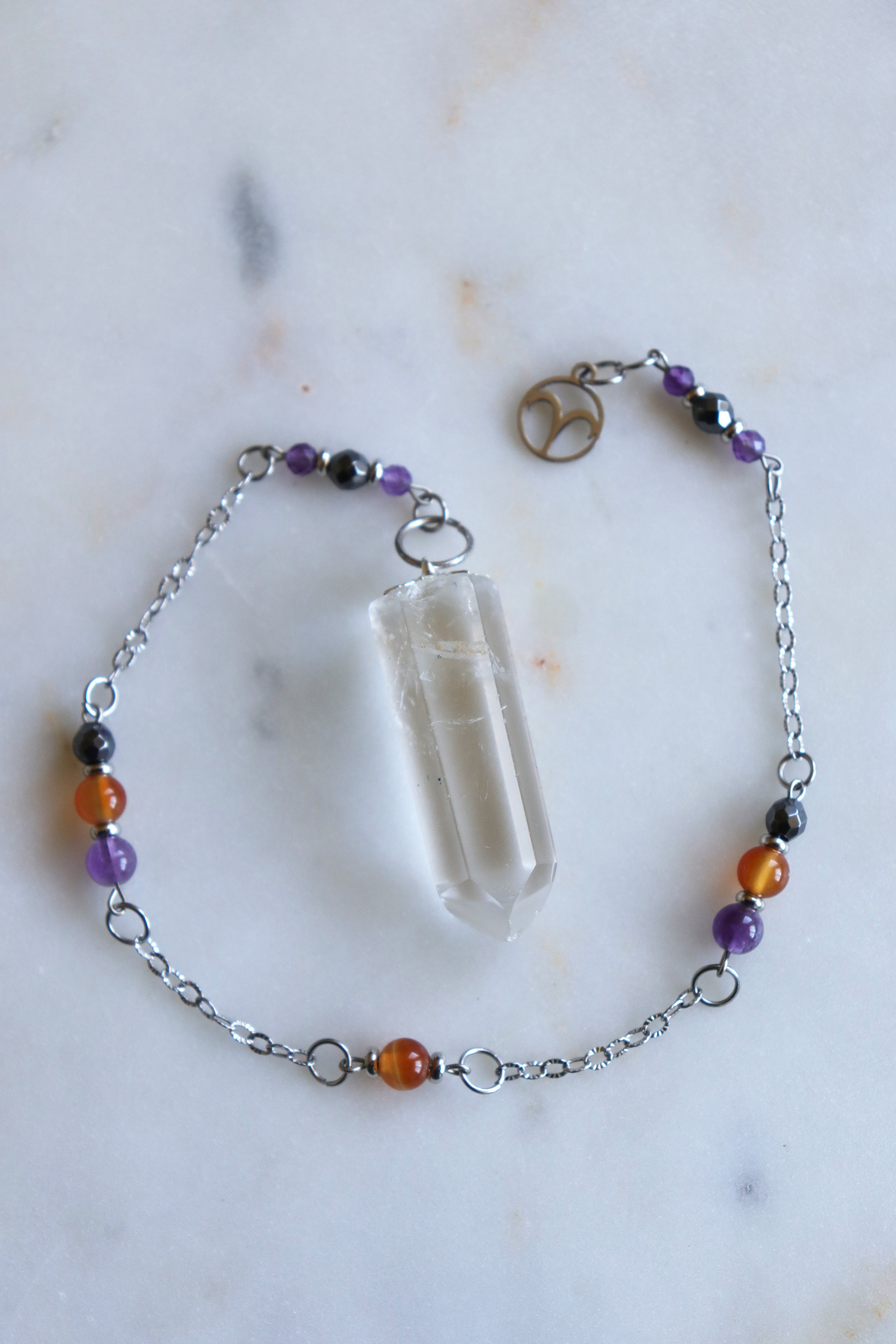 Aries Zodiac Pendulum, Clear Quartz Crystal Pendulum, Dowsing Tool, Amethyst Carnelian Hematite Aries Gift