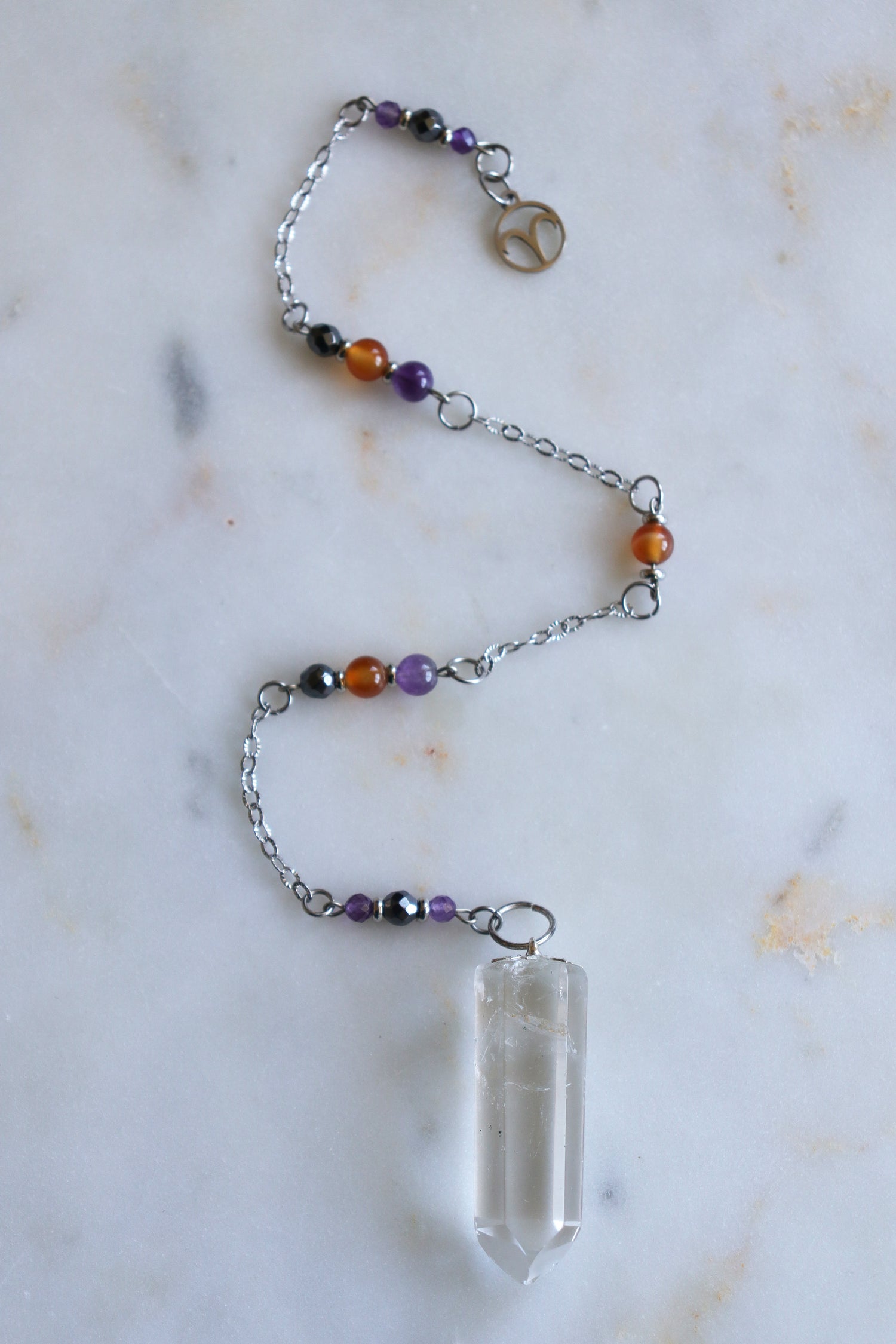 Aries Zodiac Pendulum, Clear Quartz Crystal Pendulum, Dowsing Tool, Amethyst Carnelian Hematite Aries Gift
