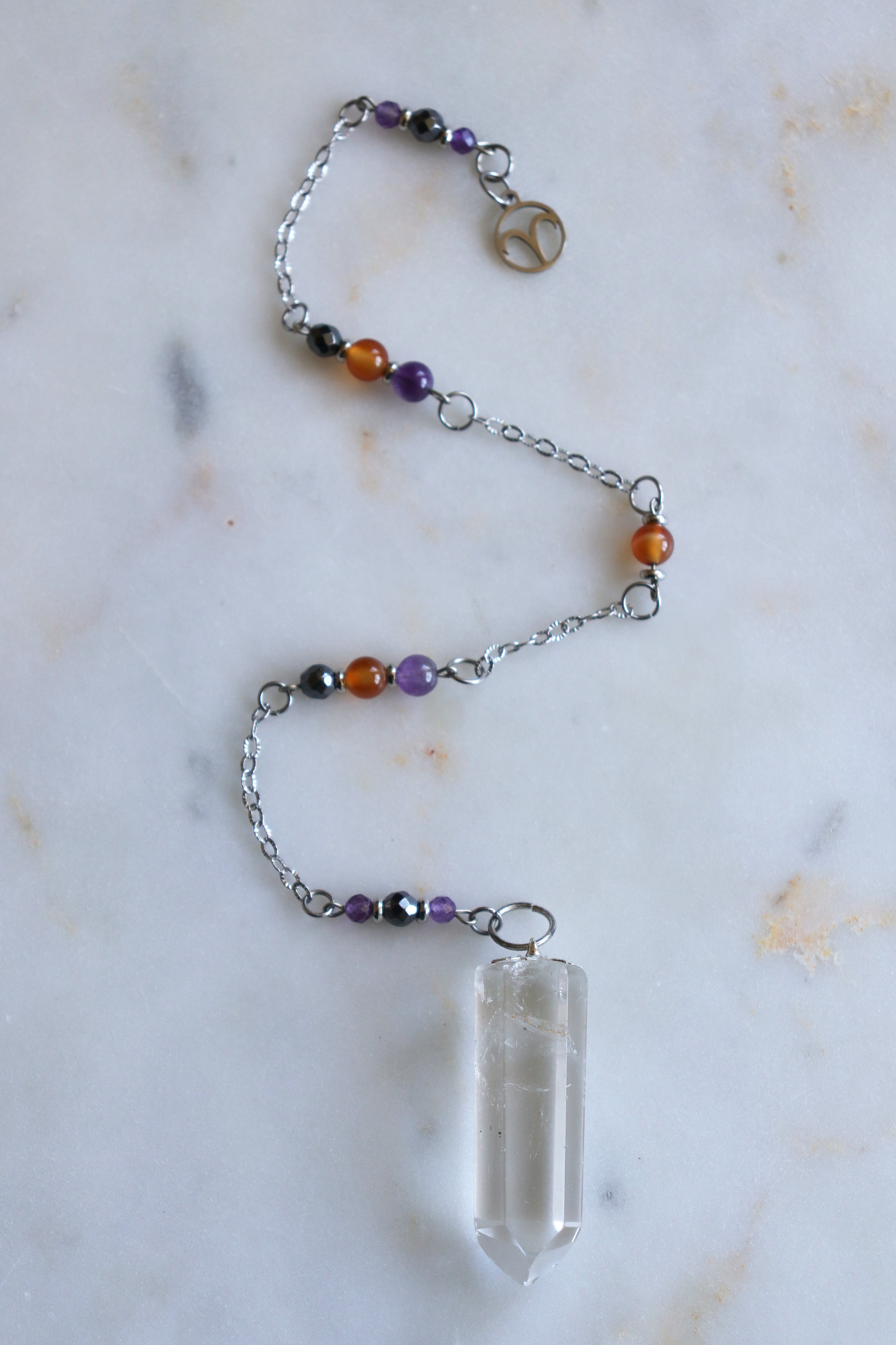 Aries Zodiac Pendulum, Clear Quartz Crystal Pendulum, Dowsing Tool, Amethyst Carnelian Hematite Aries Gift