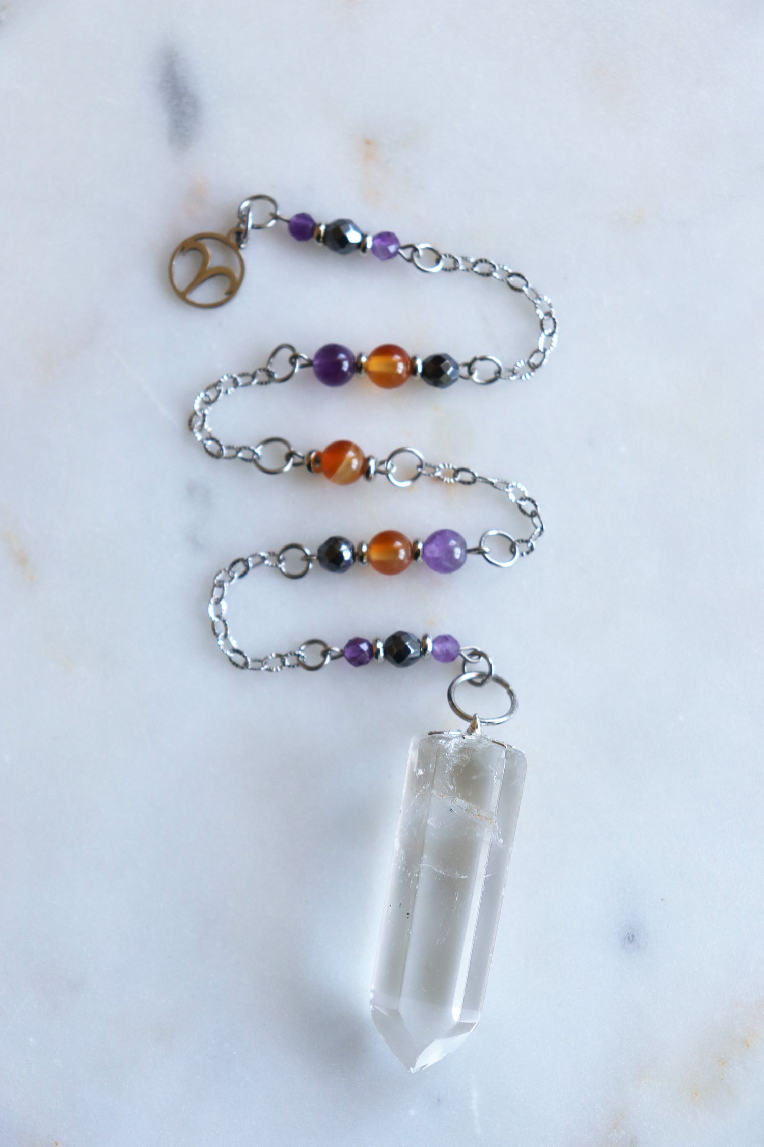 Aries Zodiac Pendulum, Clear Quartz Crystal Pendulum, Dowsing Tool, Amethyst Carnelian Hematite Aries Gift