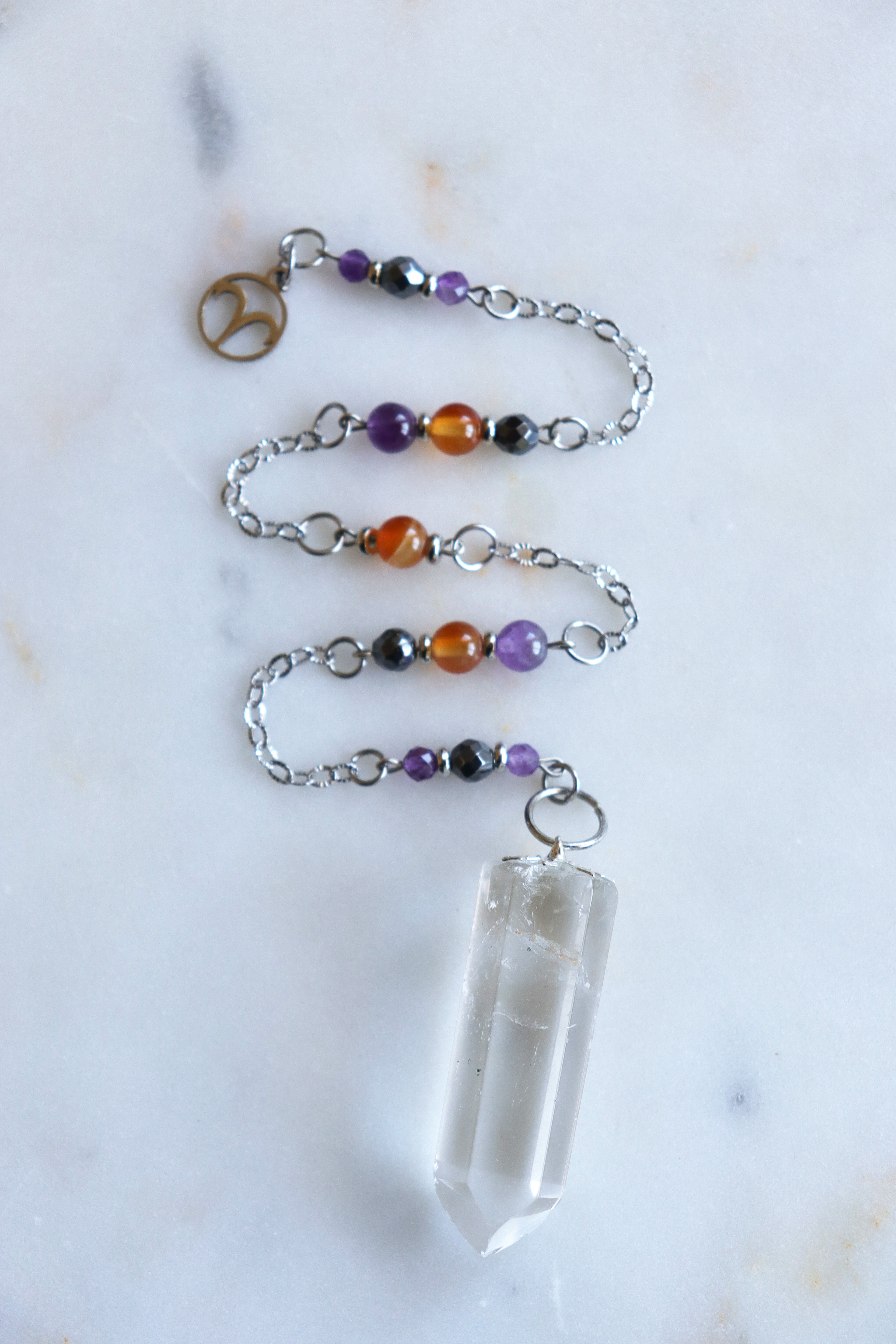 Aries Zodiac Pendulum, Clear Quartz Crystal Pendulum, Dowsing Tool, Amethyst Carnelian Hematite Aries Gift