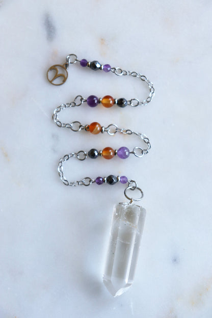 Aries Zodiac Pendulum, Clear Quartz Crystal Pendulum, Dowsing Tool, Amethyst Carnelian Hematite Aries Gift