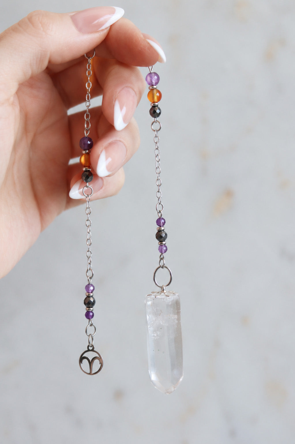 Aries Zodiac Pendulum, Clear Quartz Crystal Pendulum, Dowsing Tool, Amethyst Carnelian Hematite Aries Gift
