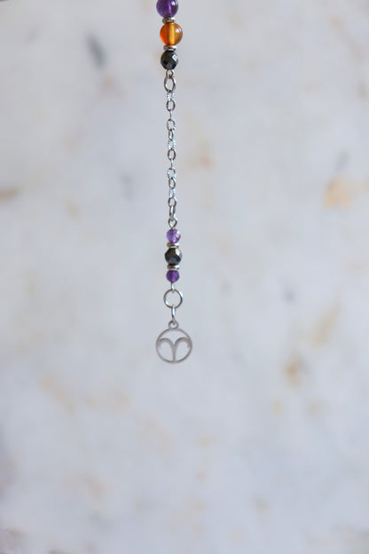 Aries Zodiac Pendulum, Clear Quartz Crystal Pendulum, Dowsing Tool, Amethyst Carnelian Hematite Aries Gift