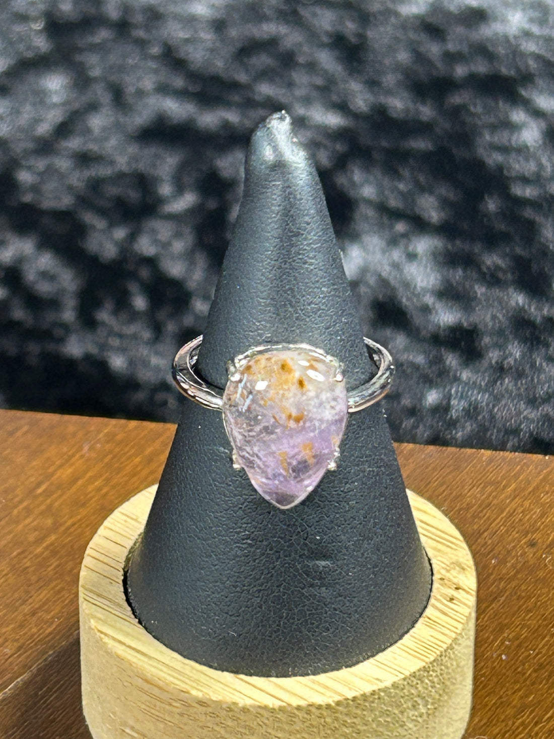 Beautiful HQ Amethyst with Gold Rutile Teardrop Ring - Adjustable