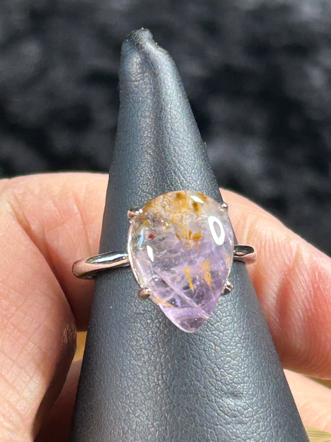 Beautiful HQ Amethyst with Gold Rutile Teardrop Ring - Adjustable