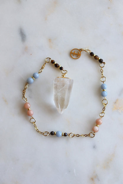 Sagittarius Zodiac Pendulum, Clear Quartz Crystal Pendulum, Dowsing Tool, Sunstone Tigers Eye Aquamarine Gift