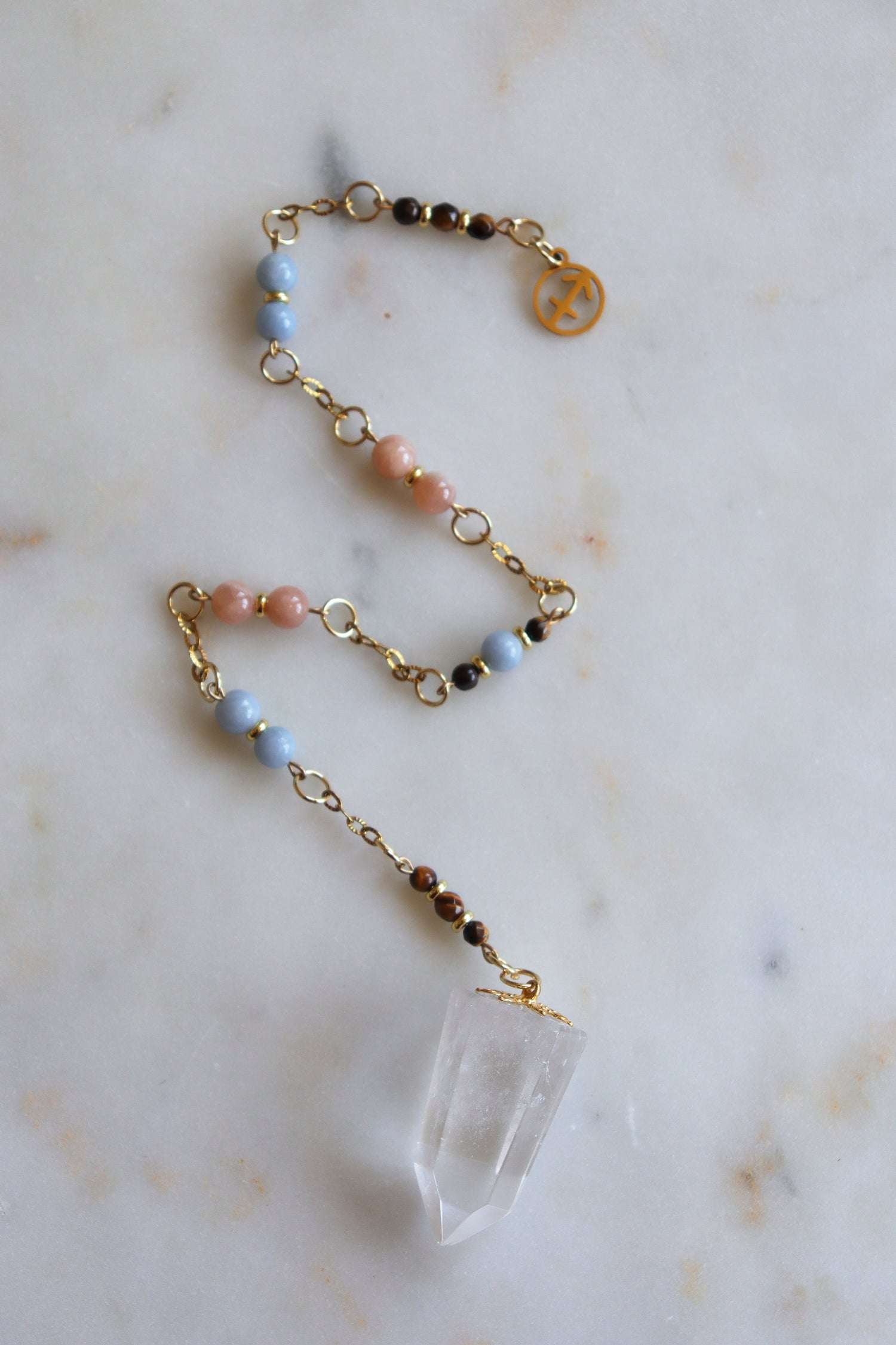 Sagittarius Zodiac Pendulum, Clear Quartz Crystal Pendulum, Dowsing Tool, Sunstone Tigers Eye Aquamarine Gift