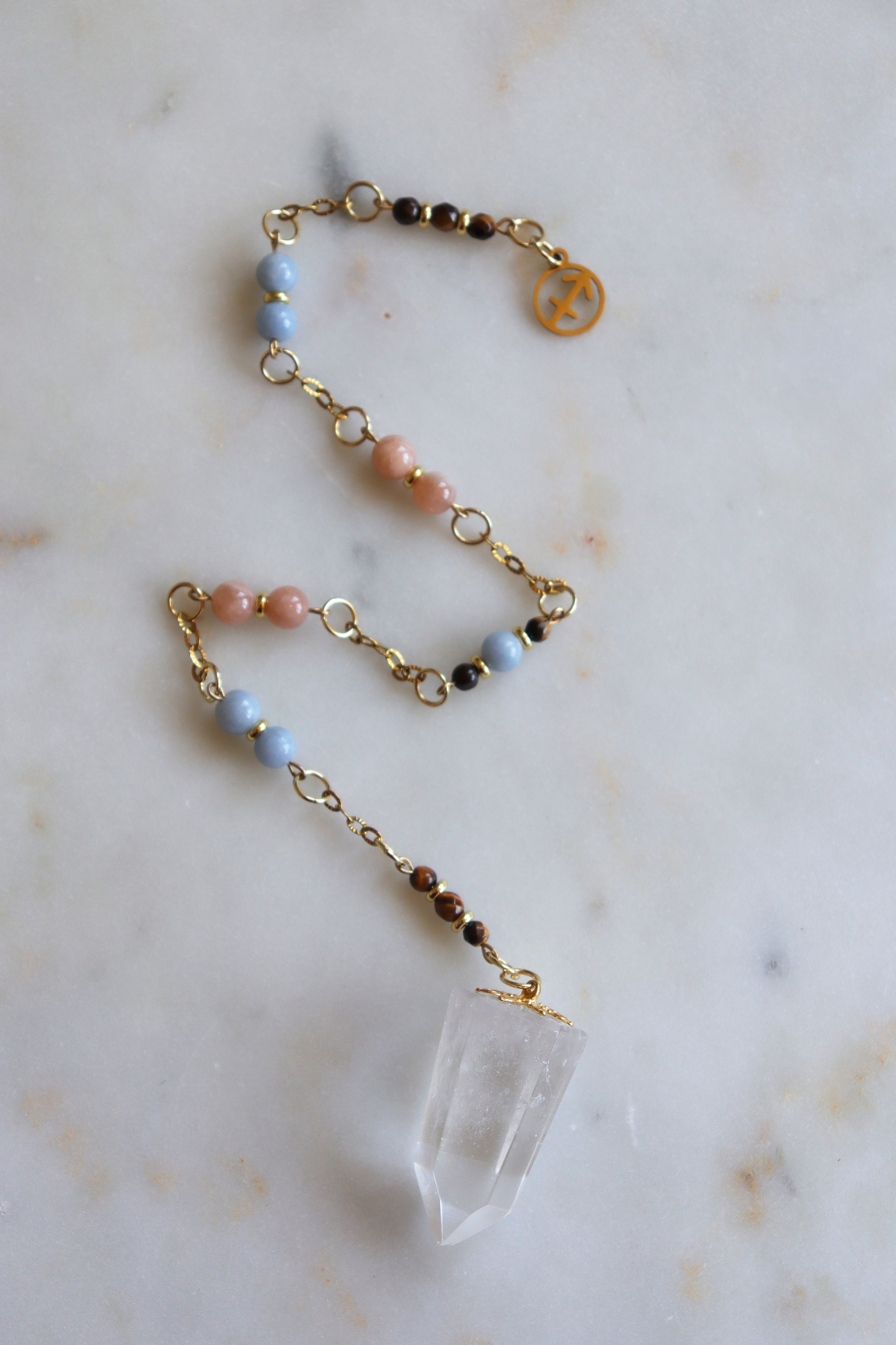 Sagittarius Zodiac Pendulum, Clear Quartz Crystal Pendulum, Dowsing Tool, Sunstone Tigers Eye Aquamarine Gift