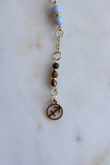Sagittarius Zodiac Pendulum, Clear Quartz Crystal Pendulum, Dowsing Tool, Sunstone Tigers Eye Aquamarine Gift