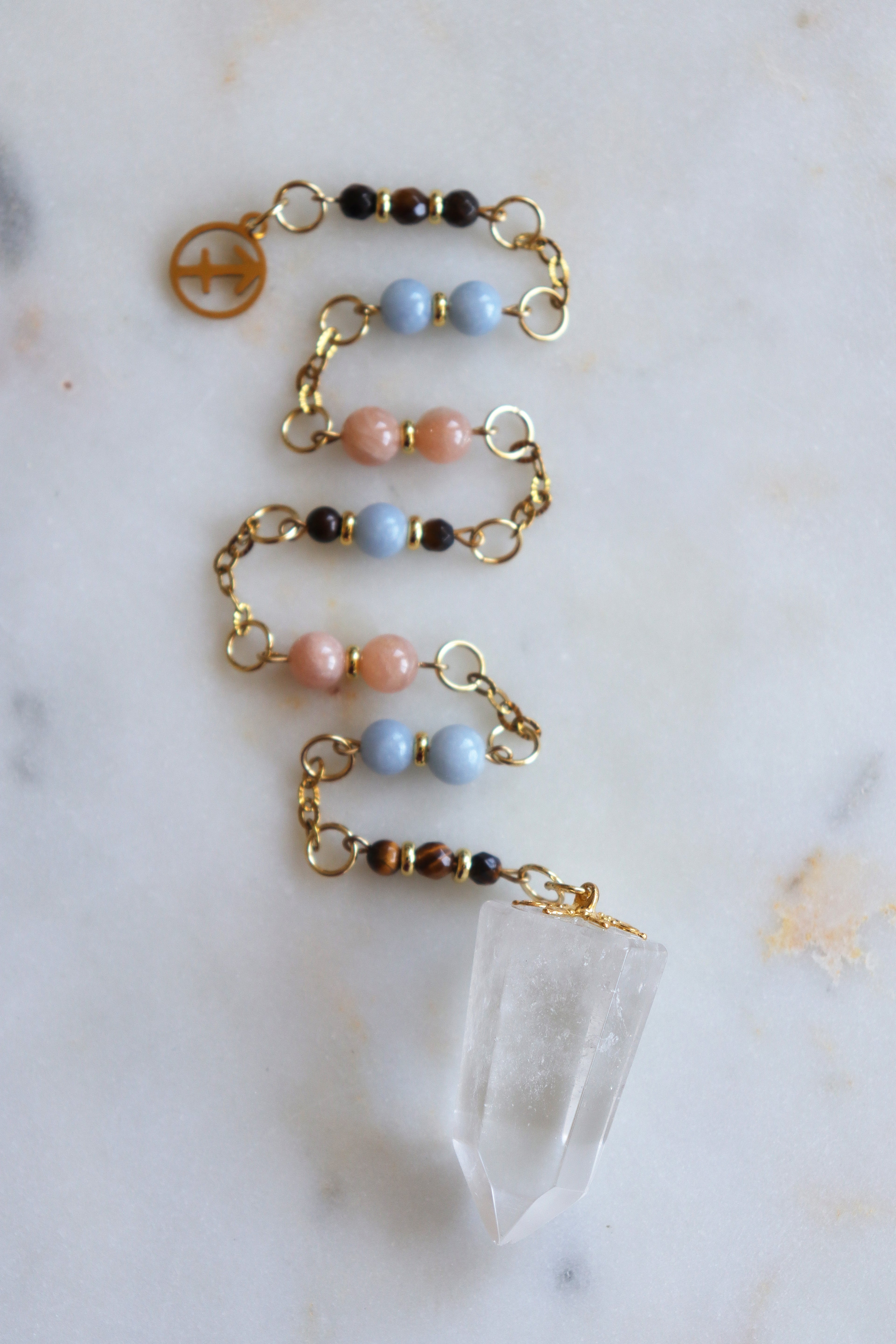 Sagittarius Zodiac Pendulum, Clear Quartz Crystal Pendulum, Dowsing Tool, Sunstone Tigers Eye Aquamarine Gift