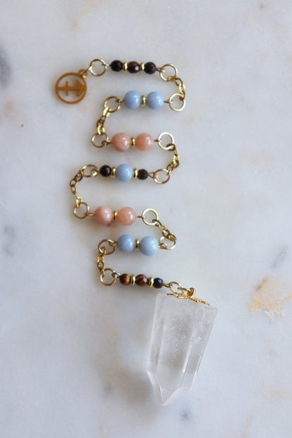 Sagittarius Zodiac Pendulum, Clear Quartz Crystal Pendulum, Dowsing Tool, Sunstone Tigers Eye Aquamarine Gift
