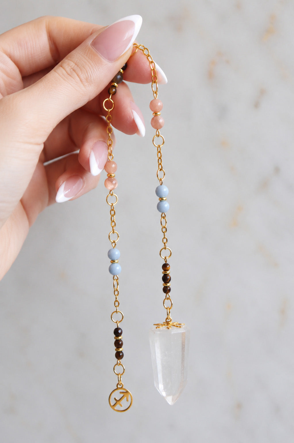 Sagittarius Zodiac Pendulum, Clear Quartz Crystal Pendulum, Dowsing Tool, Sunstone Tigers Eye Aquamarine Gift