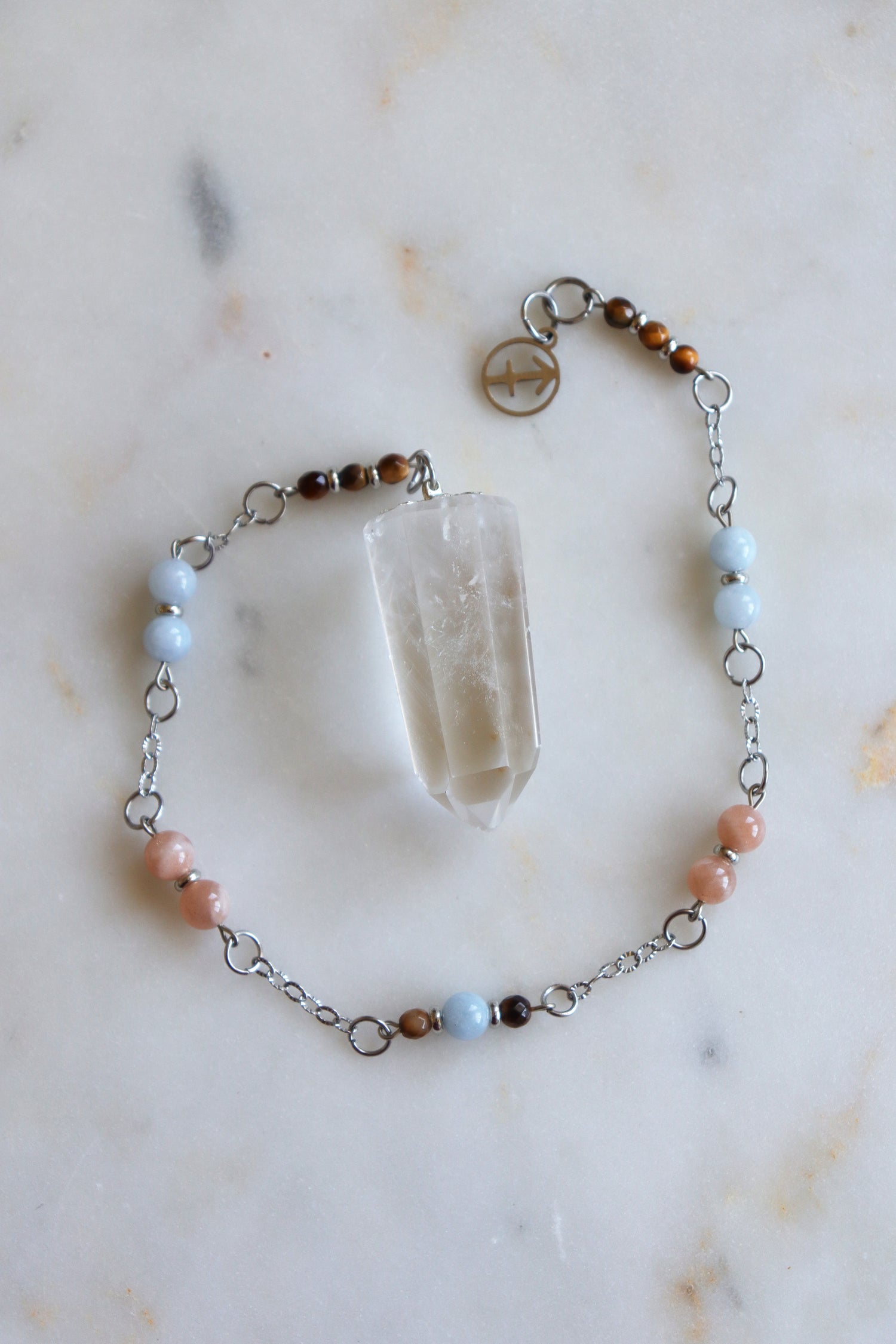 Sagittarius Zodiac Pendulum, Clear Quartz Crystal Pendulum, Dowsing Tool, Sunstone Tigers Eye Aquamarine Gift