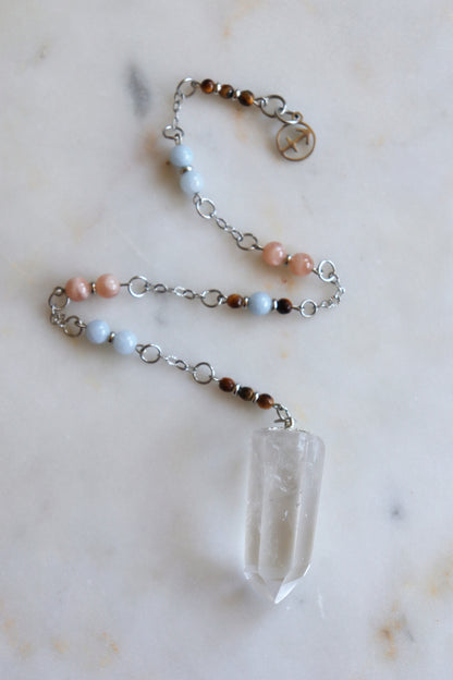Sagittarius Zodiac Pendulum, Clear Quartz Crystal Pendulum, Dowsing Tool, Sunstone Tigers Eye Aquamarine Gift