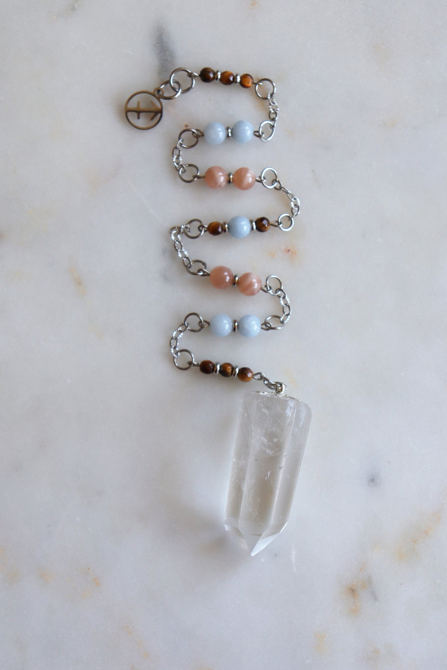 Sagittarius Zodiac Pendulum, Clear Quartz Crystal Pendulum, Dowsing Tool, Sunstone Tigers Eye Aquamarine Gift