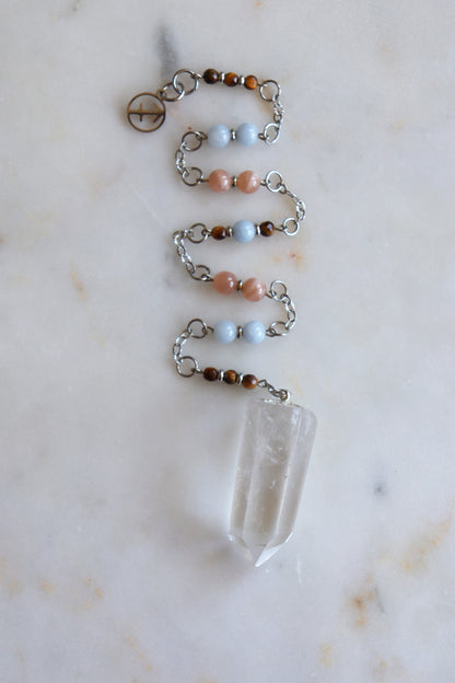 Sagittarius Zodiac Pendulum, Clear Quartz Crystal Pendulum, Dowsing Tool, Sunstone Tigers Eye Aquamarine Gift