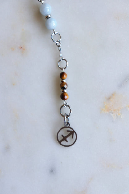 Sagittarius Zodiac Pendulum, Clear Quartz Crystal Pendulum, Dowsing Tool, Sunstone Tigers Eye Aquamarine Gift