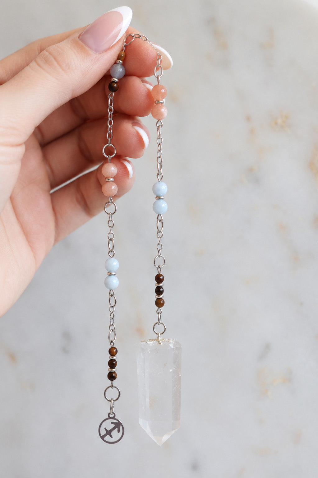 Sagittarius Zodiac Pendulum, Clear Quartz Crystal Pendulum, Dowsing Tool, Sunstone Tigers Eye Aquamarine Gift