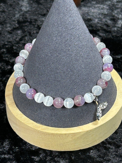 Beautiful HQ Unicorn Stone &amp; Selenite Beaded Stretch Bracelet