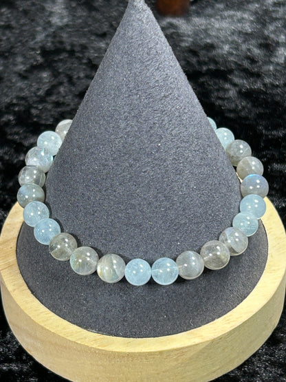Beautiful HQ Labradorite &amp; Aquamarine Beaded Stretch Bracelet