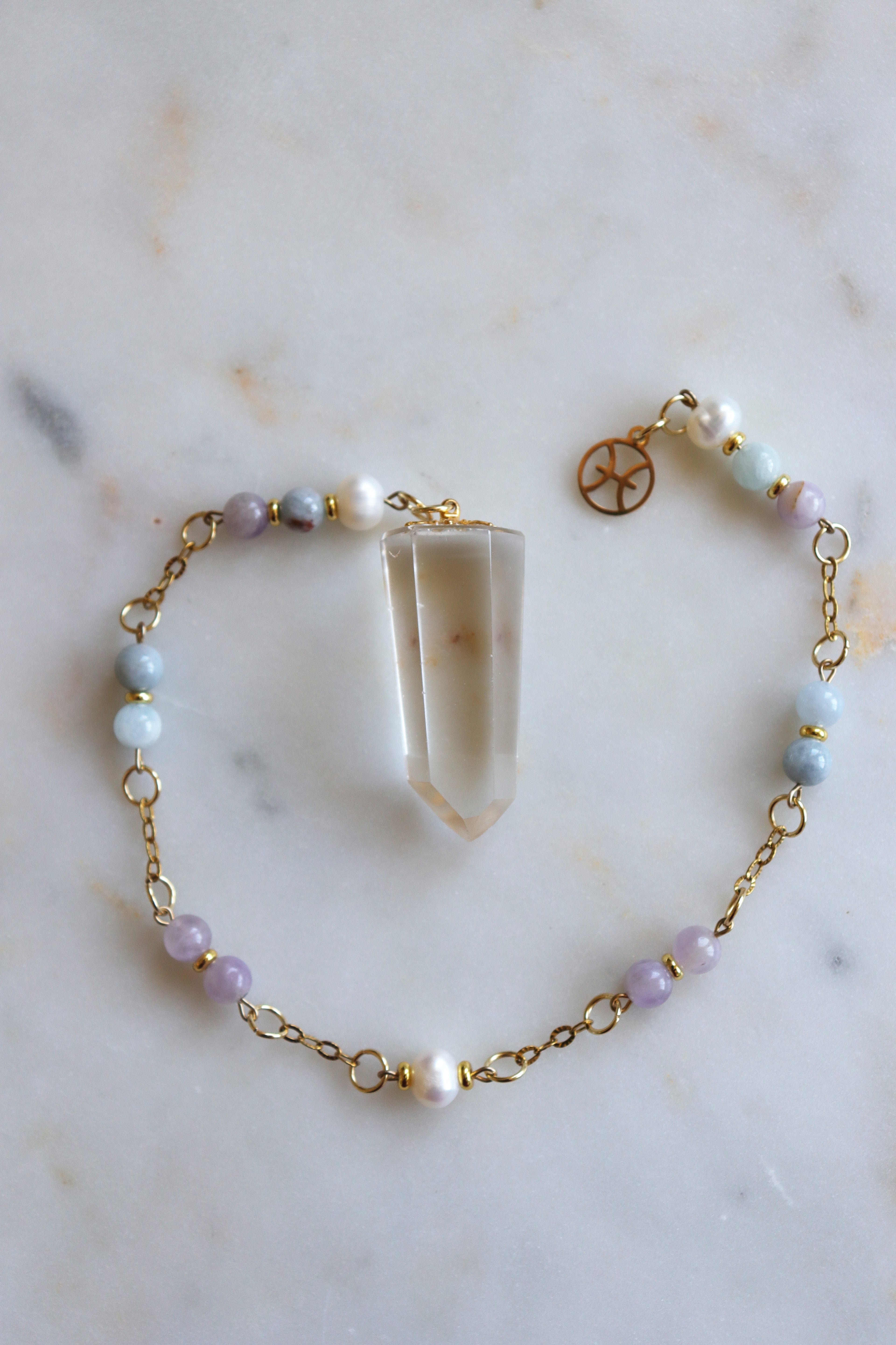 Pisces Zodiac Pendulum, Clear Quartz Crystal Pendulum, Dowsing Tool, Aquamarine Amethyst Pearl Divination Gift