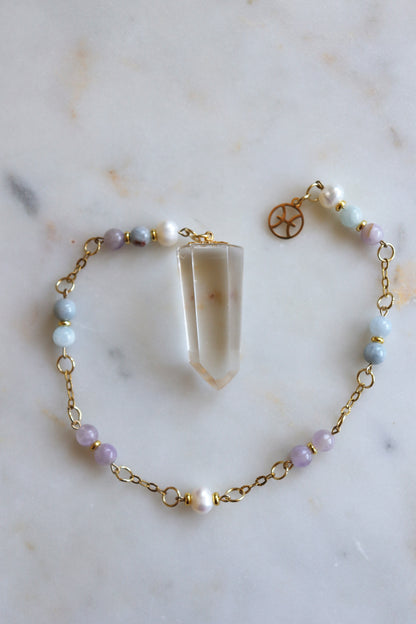 Pisces Zodiac Pendulum, Clear Quartz Crystal Pendulum, Dowsing Tool, Aquamarine Amethyst Pearl Divination Gift