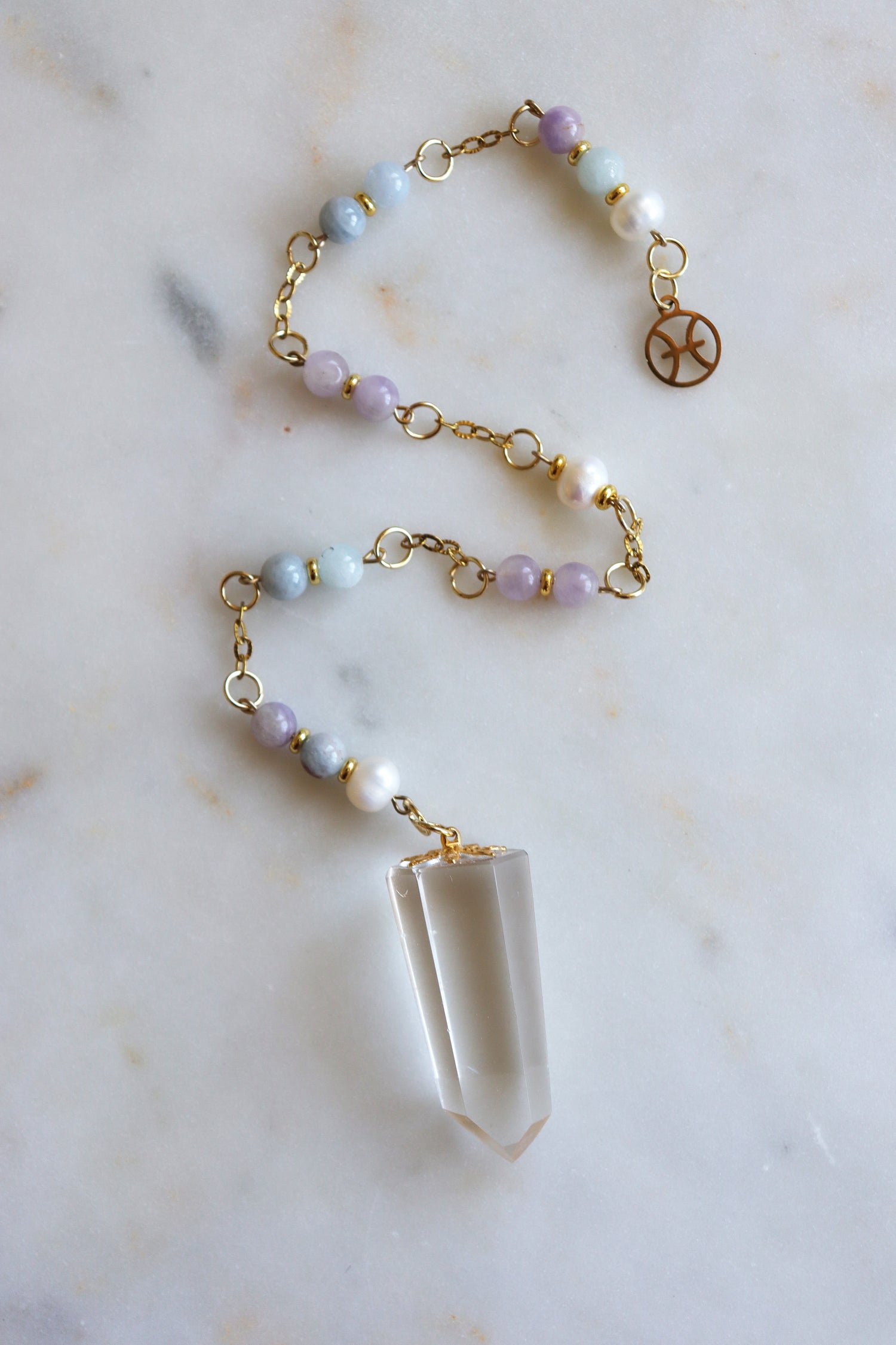 Pisces Zodiac Pendulum, Clear Quartz Crystal Pendulum, Dowsing Tool, Aquamarine Amethyst Pearl Divination Gift