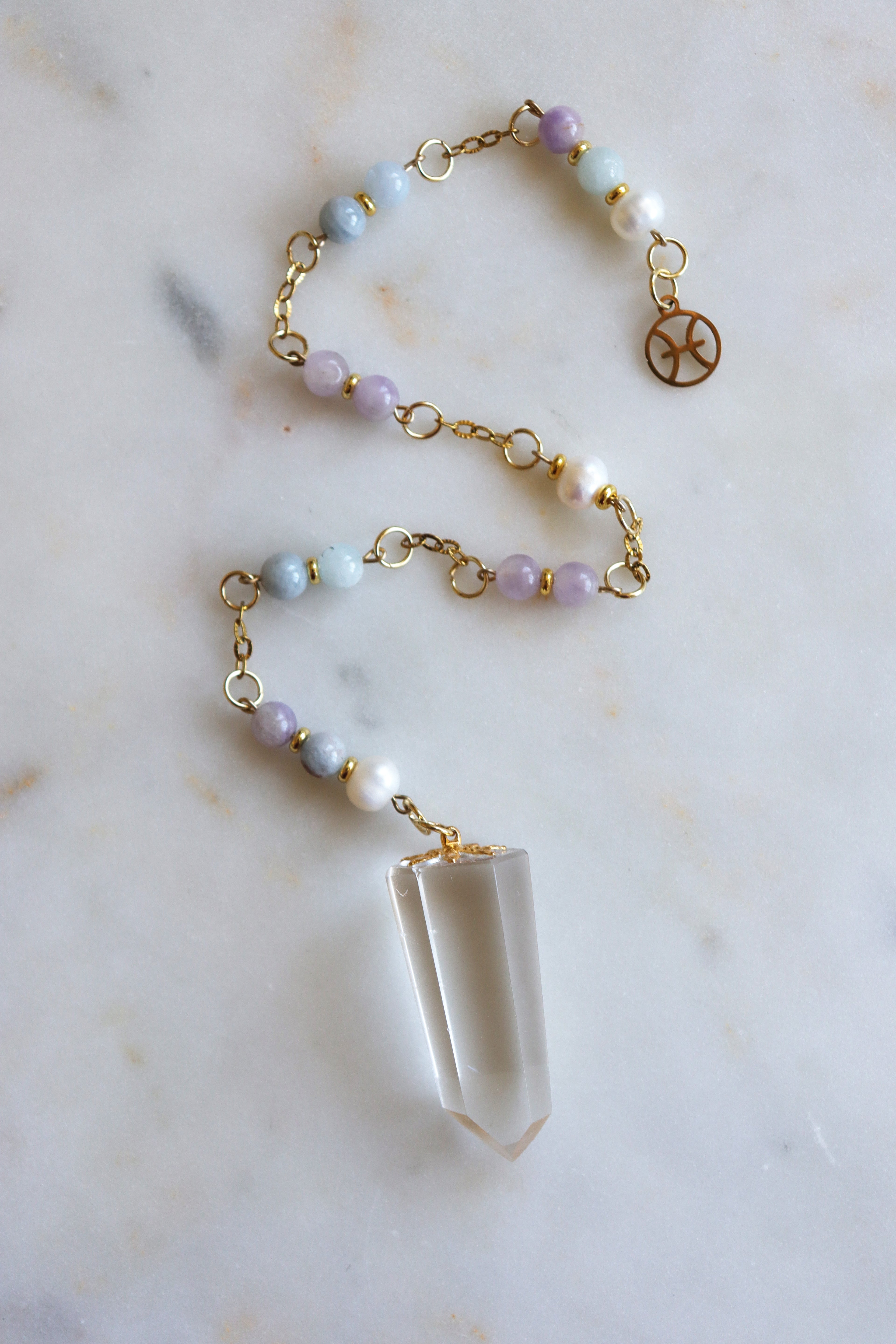 Pisces Zodiac Pendulum, Clear Quartz Crystal Pendulum, Dowsing Tool, Aquamarine Amethyst Pearl Divination Gift
