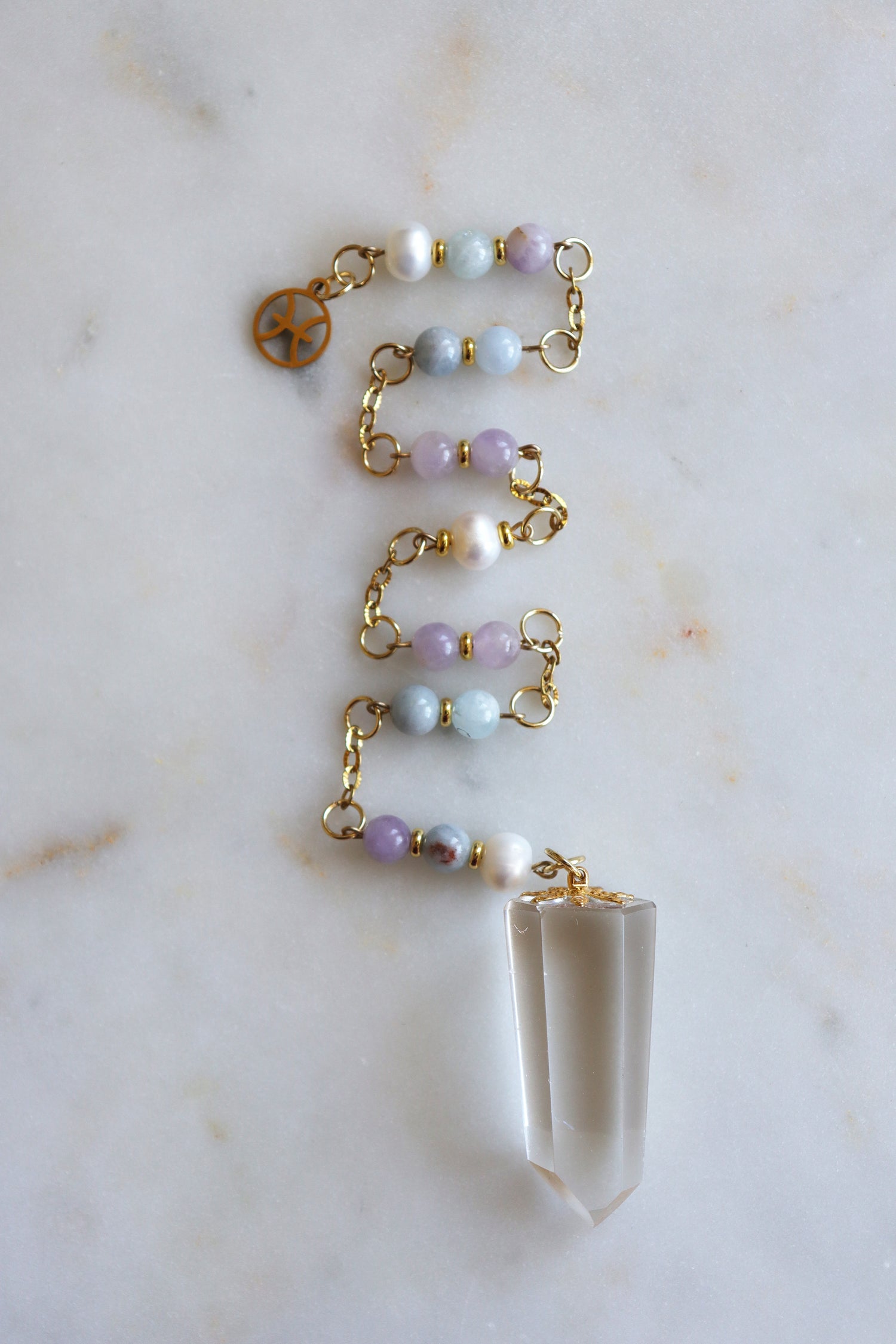 Pisces Zodiac Pendulum, Clear Quartz Crystal Pendulum, Dowsing Tool, Aquamarine Amethyst Pearl Divination Gift