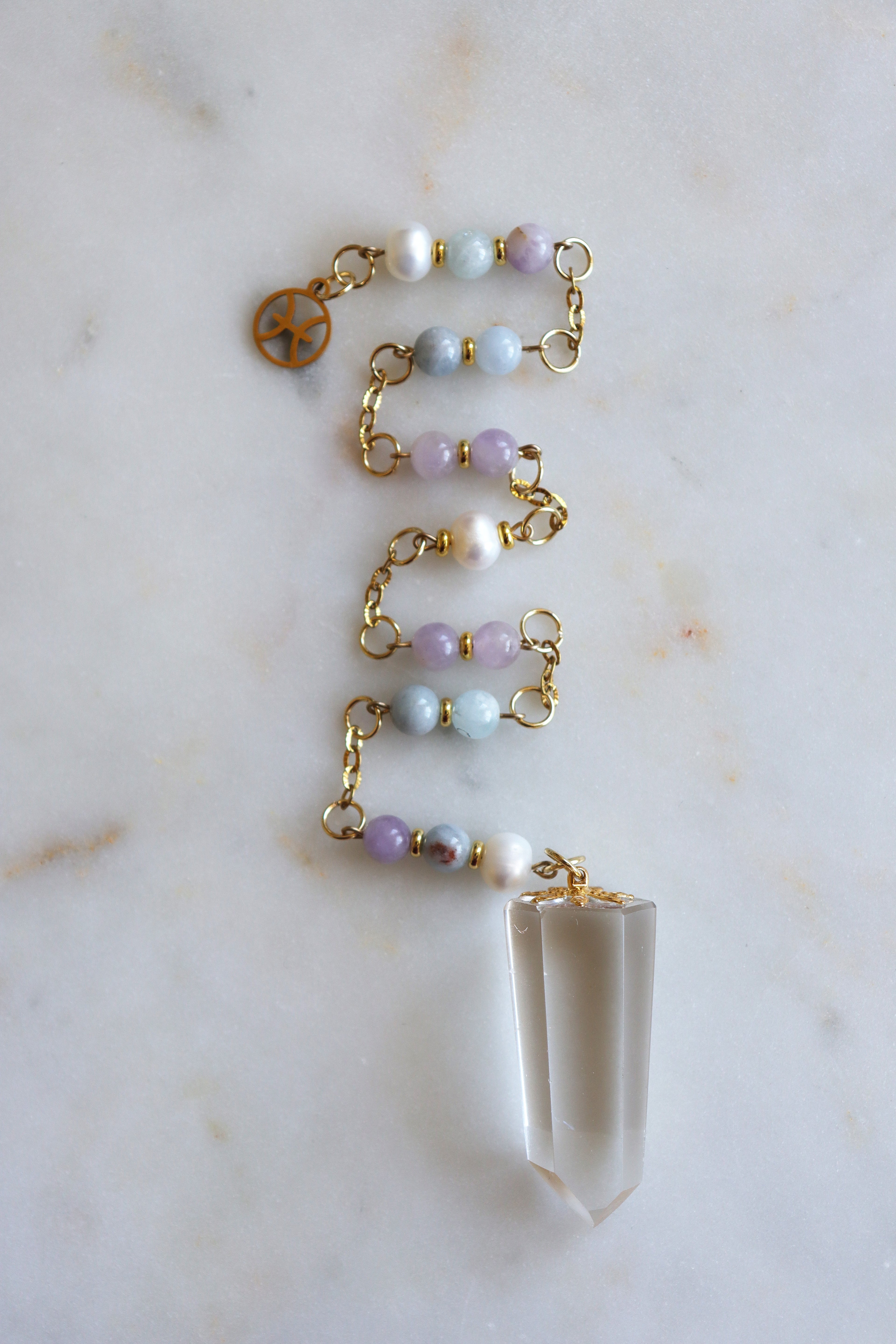 Pisces Zodiac Pendulum, Clear Quartz Crystal Pendulum, Dowsing Tool, Aquamarine Amethyst Pearl Divination Gift