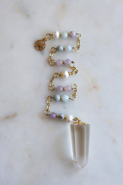 Pisces Zodiac Pendulum, Clear Quartz Crystal Pendulum, Dowsing Tool, Aquamarine Amethyst Pearl Divination Gift
