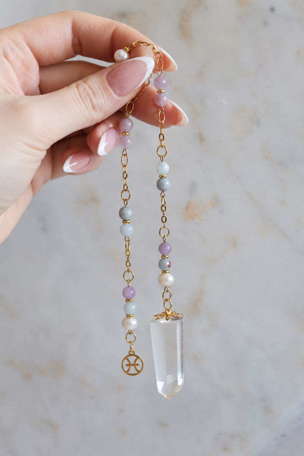 Pisces Zodiac Pendulum, Clear Quartz Crystal Pendulum, Dowsing Tool, Aquamarine Amethyst Pearl Divination Gift