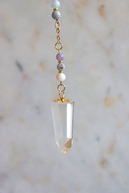 Pisces Zodiac Pendulum, Clear Quartz Crystal Pendulum, Dowsing Tool, Aquamarine Amethyst Pearl Divination Gift