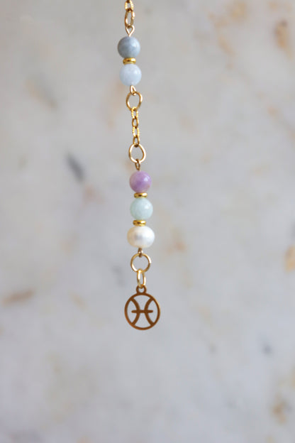 Pisces Zodiac Pendulum, Clear Quartz Crystal Pendulum, Dowsing Tool, Aquamarine Amethyst Pearl Divination Gift