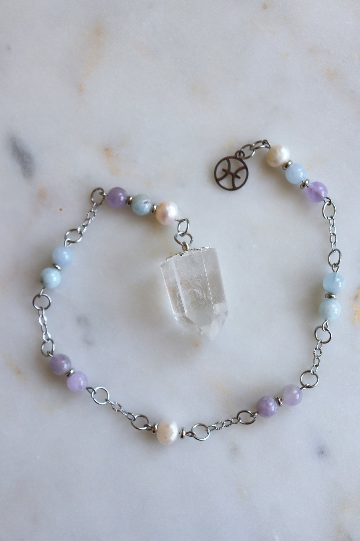 Pisces Zodiac Pendulum, Clear Quartz Crystal Pendulum, Dowsing Tool, Aquamarine Amethyst Pearl Divination Gift