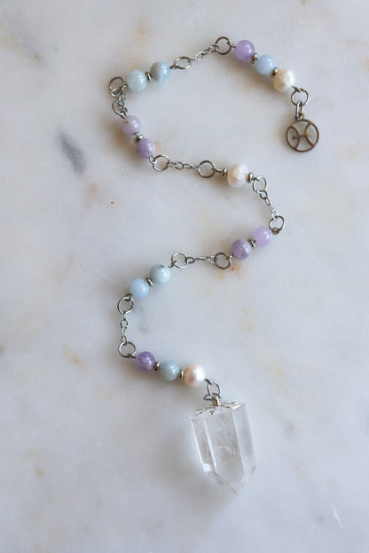 Pisces Zodiac Pendulum, Clear Quartz Crystal Pendulum, Dowsing Tool, Aquamarine Amethyst Pearl Divination Gift