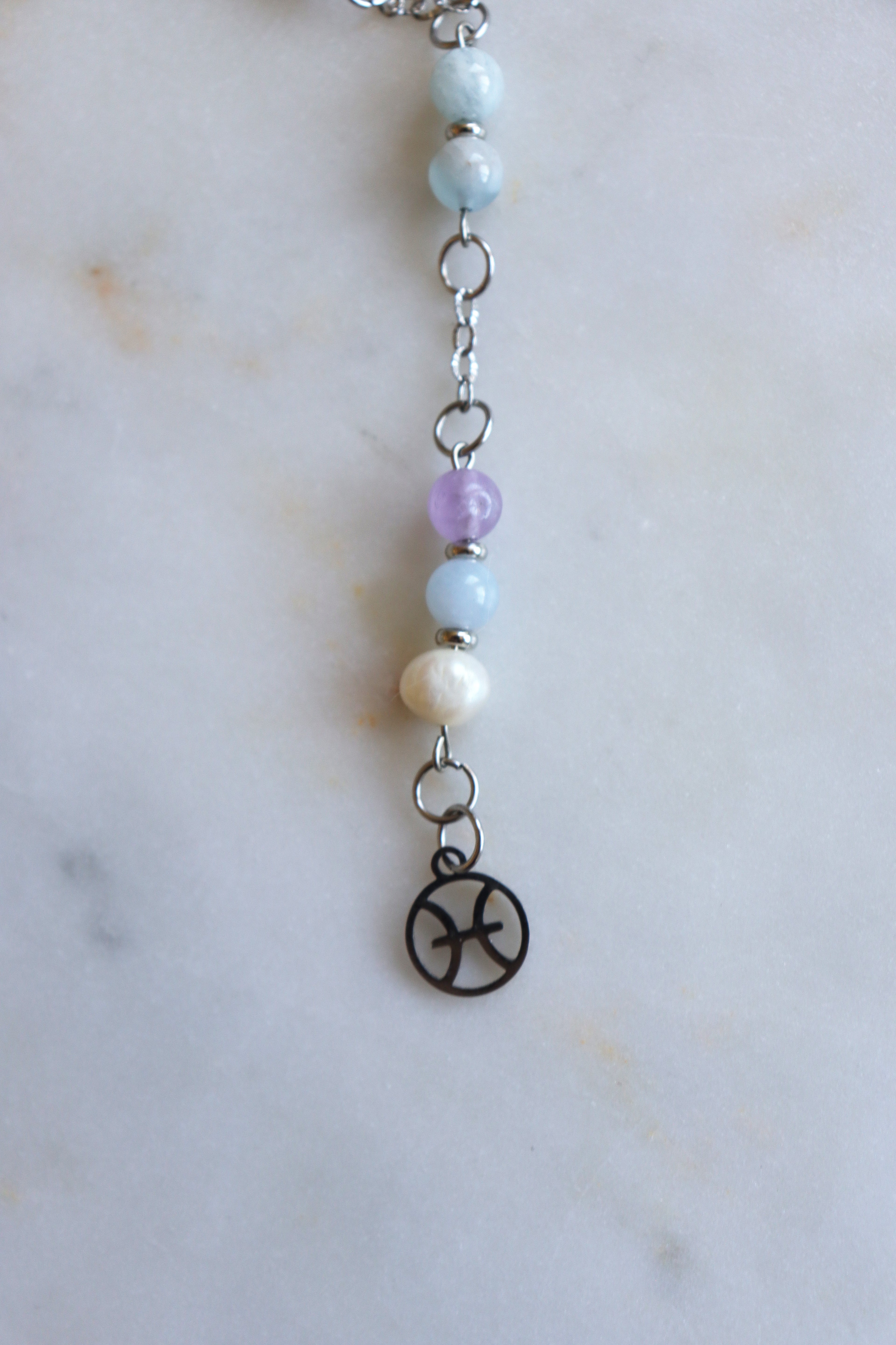 Pisces Zodiac Pendulum, Clear Quartz Crystal Pendulum, Dowsing Tool, Aquamarine Amethyst Pearl Divination Gift